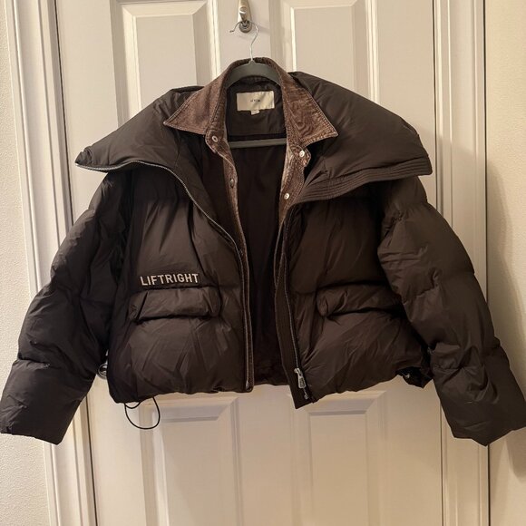 Brown Oversized Puffer Jacket with Corduroy Collar – “LIFTRIGHT” Embroidery - Picture 1 of 2
